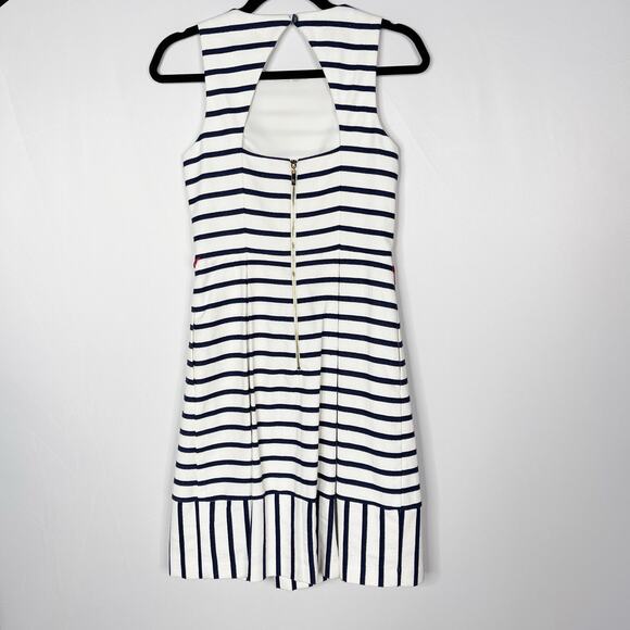 Eliza J 2 Navy Blue White Striped Fit and Flare Dress Pleated Keyhole Pockets - Picture 2 of 14